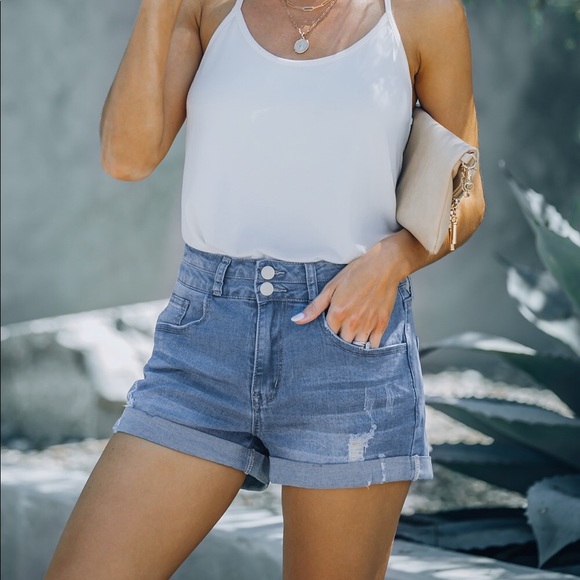 Sky Blue Cuffed High Rise Denim Shorts - Picture 4 of 8